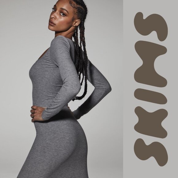 SKIMS Soft Lounge Long Sleeve SHIMMER FOIL Maxi Dress - Ribbed - Grey - NWT - XL - Picture 2 of 10